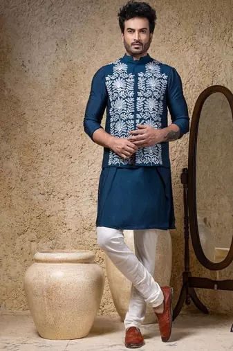 Blue embroidered cotton silk nehru jacket