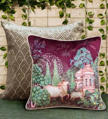 Pichwai Ruby Cushion Cover 16x16 Inches     Luxury Decorative Throw Pillow for Sofa, Bed & Home Decor 1