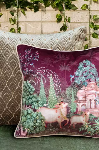 Pichwai Ruby Cushion Cover 16x16 Inches – Luxury Decorative Throw Pillow for Sofa, Bed & Home Decor