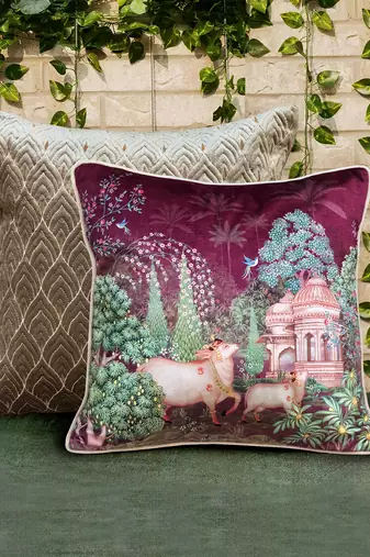 Pichwai Ruby Cushion Cover 16x16 Inches     Luxury Decorative Throw Pillow for Sofa, Bed & Home Decor