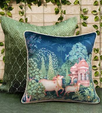Pichwai Blue Cushion Cover 16x16 Inches     Designer Decorative Throw Pillow for Sofa, Bed & Living Room Decor 1