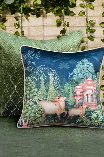 Pichwai Blue Cushion Cover 16x16 Inches     Designer Decorative Throw Pillow for Sofa, Bed & Living Room Decor