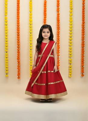 Red plain net stitched lehenga 1