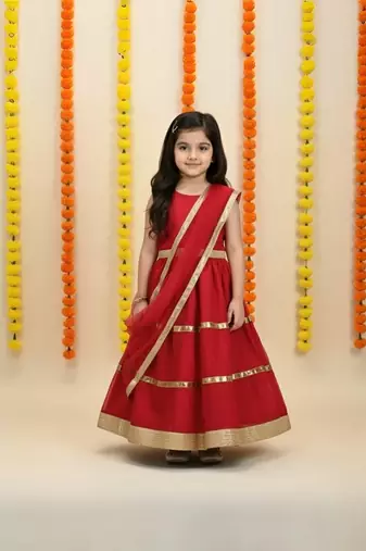 Red plain net stitched lehenga