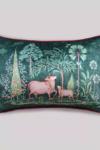Pichwai Green Pillow Sham 12x18 Inches     Decorative Lumbar Cushion Cover for Sofa, Bed & Home Styling