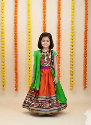 Multicolor Cotton Mirror Work Embroidered Lehenga Choli for Kids 1