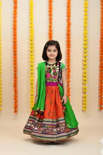 Multicolor Cotton Mirror Work Embroidered Lehenga Choli for Kids