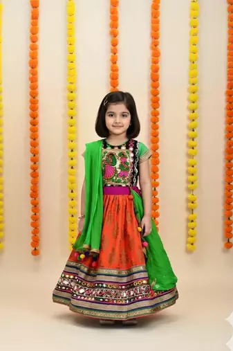Multicolor Cotton Mirror Work Embroidered Lehenga Choli for Kids