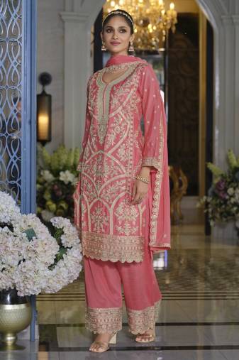 Pink heavy chinon silk readymade plazo suit with sequence work