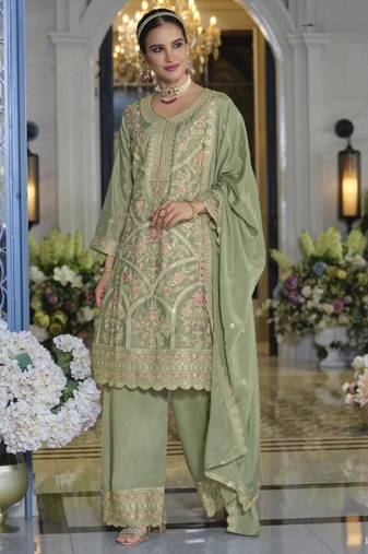Green heavy chinon silk readymade plazo suit with sequence work
