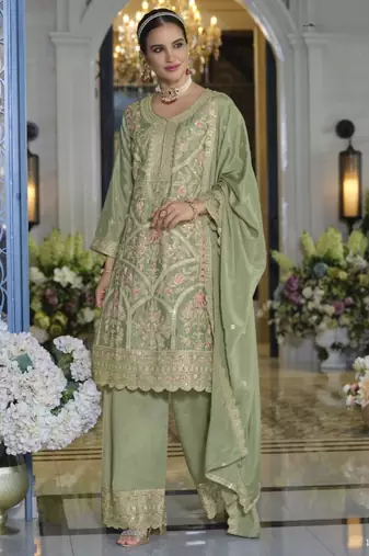 Green heavy chinon silk readymade plazo suit with sequence work