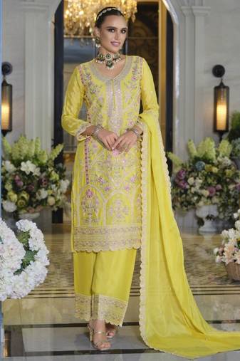 Yellow heavy chinon silk readymade plazo suit with sequence work
