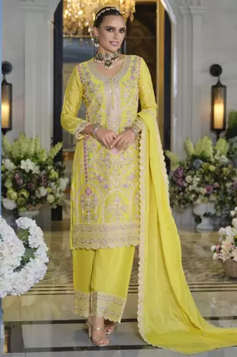 Yellow heavy chinon silk readymade plazo suit with sequence work