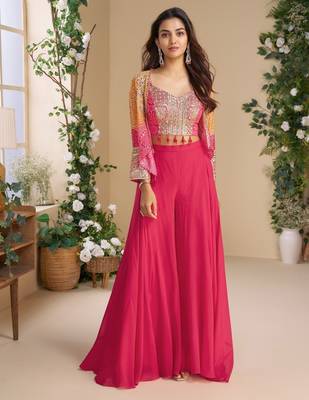Magenta heavy chinon silk 3 piece set with sequin & mirror  1