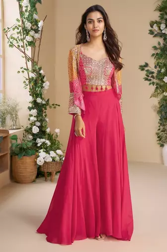 Magenta heavy chinon silk readymade 3 piece set with sequence & mirror work