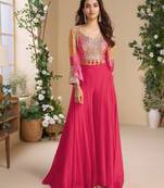 Magenta heavy chinon silk 3 piece set with sequence & mirror work