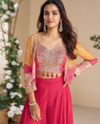 Magenta heavy chinon silk 3 piece set with sequin & mirror  2