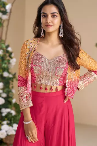 Magenta heavy chinon silk 3 piece set with sequin & mirror 