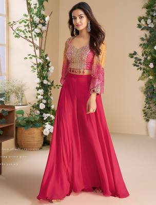 Magenta heavy chinon silk 3 piece set with sequin & mirror  3