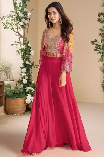 Magenta heavy chinon silk 3 piece set with sequin & mirror 