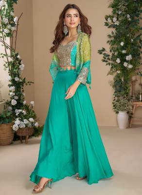 Teal blue heavy chinon silk 3 piece set with sequin & mirror  1