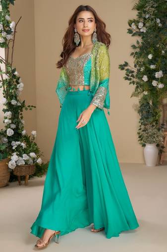 Teal blue heavy chinon silk readymade 3 piece set with sequence & mirror work
