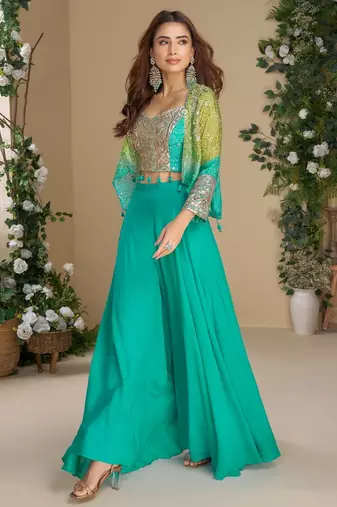 Teal blue heavy chinon silk readymade 3 piece set with sequence & mirror work