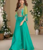 Teal blue heavy chinon silk 3 piece set with sequence & mirror work