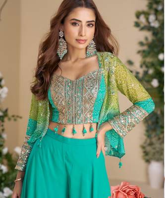 Teal blue heavy chinon silk 3 piece set with sequin & mirror  2