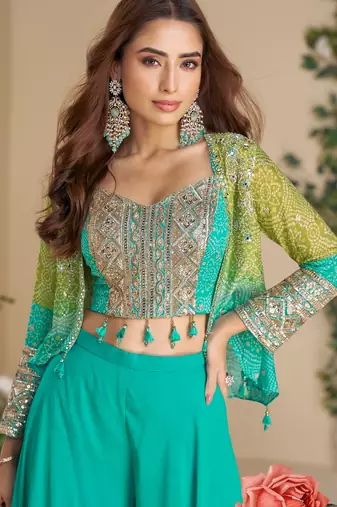 Teal blue heavy chinon silk 3 piece set with sequin & mirror 