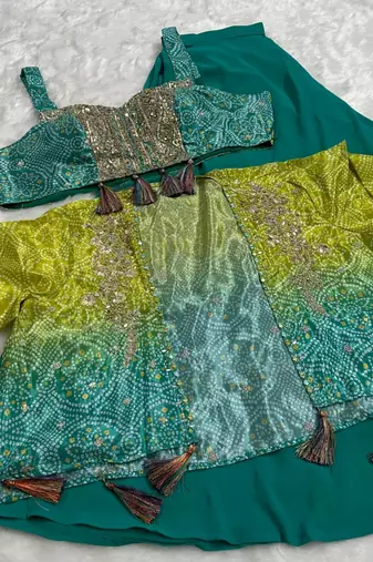 Teal blue heavy chinon silk 3 piece set with sequin & mirror 