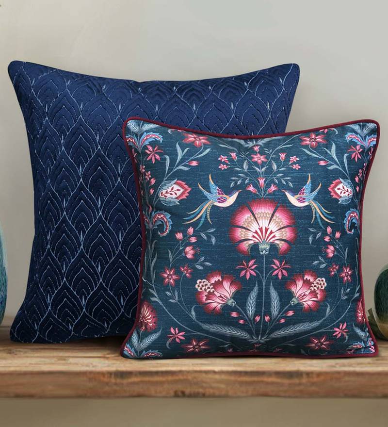 Rang Bagh Blue Cushion Cover 16x16 | Luxury Decorative Pillow Online