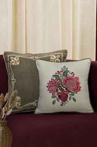 Buta Embroidered Cushion Cover 16x16     Floral Decorative Pillow for Sofa, Couch & Living Room D  cor