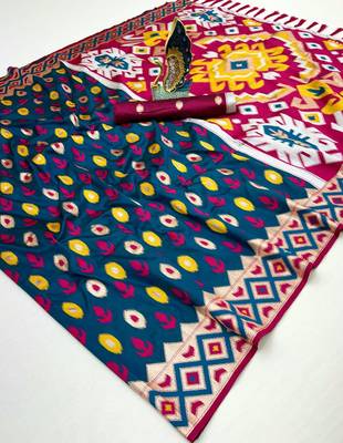 Soft silk saree with zari weawing meenakari rich pallu and unique ikkat border 1