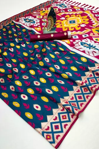 Soft  silk  saree with zari weawing meenakari rich pallu and unique ikkat border