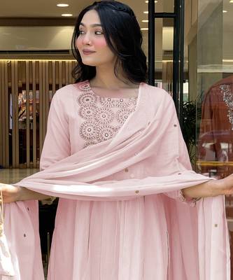 Ethnic festive wear pink mull chanderi stitched suit with dupatta 1