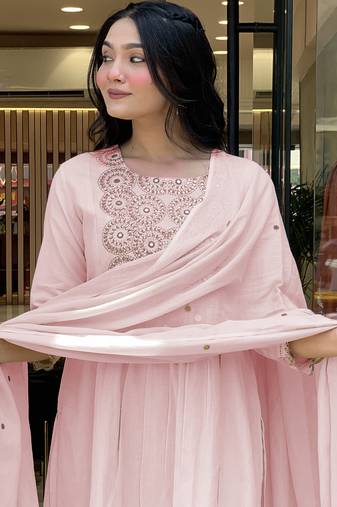 Ethnic festive wear pink mull chanderi stitched suit with dupatta
