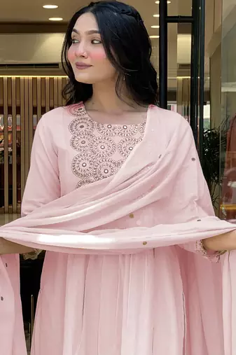 Ethnic festive wear pink mull chanderi stitched suit with dupatta