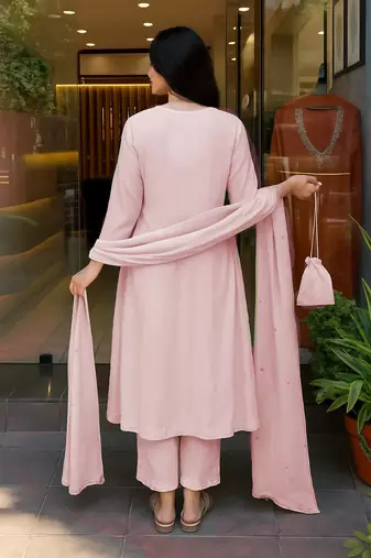 Ethnic festive wear pink mull chanderi stitched suit with dupatta