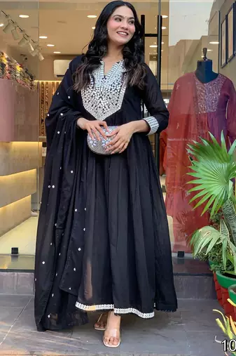 Ethnic festive wearblack mul chanderi fabric stitched suit with dupatta