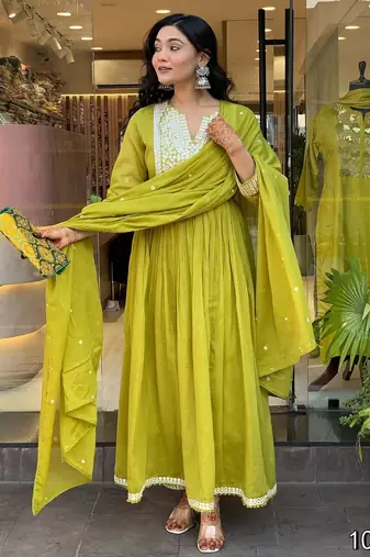 Ethnic festive wear green mul chanderi fabric stitched suit with dupatta