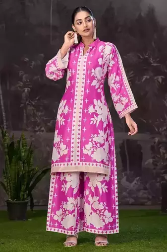 Pink White Printed Turkish Modal Satin Silk Co-Ord Set