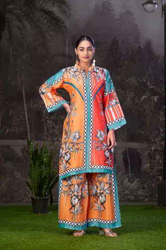 Yellow Orange Printed Turkish Modal Satin Silk Co-Ord Set