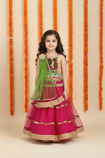 Magenta embroidered net stitched lehenga