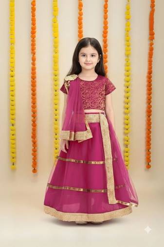 Stunning Pink & Gold Embroidered Lehenga Set for Girls