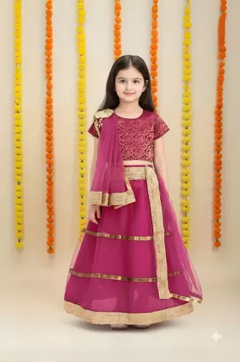 Stunning Pink & Gold Embroidered Lehenga Set for Girls