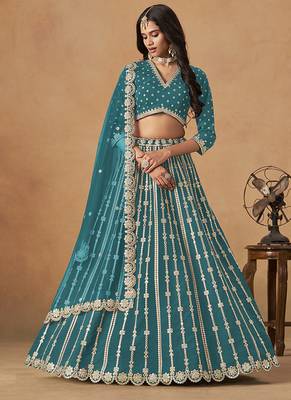 Embroidered Teal Blue Art silk blend Lehenga Choli 1