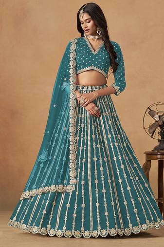 Embroidered Teal Blue Art Silk Designer Long Lehenga Choli
