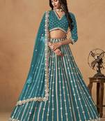 Embroidered Teal Blue Art Silk Designer Long Lehenga Choli