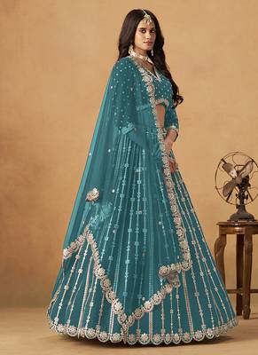 Embroidered Teal Blue Art silk blend Lehenga Choli 2